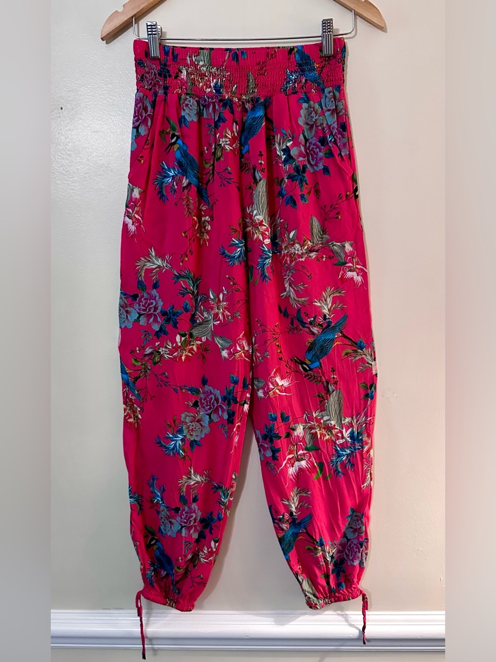 Johnny Was deep pink elastic Smocked waistband pants with Multicolor Accents.